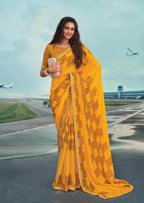 Laxmipati sarees Printed Saree with Attached Blouse Chiffon Saree(Mustard)