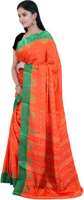 PRANATI ENTERPRISE Self Design Tant Pure Cotton Saree(Orange, Green)
