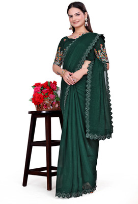 GRIFEZ Solid/Plain Bollywood Organza Saree(Dark Green)