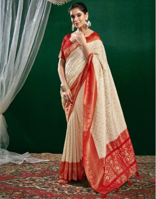 Satrani Dyed, Woven, Embellished Bollywood Chiffon, Georgette Saree(Cream, Red)