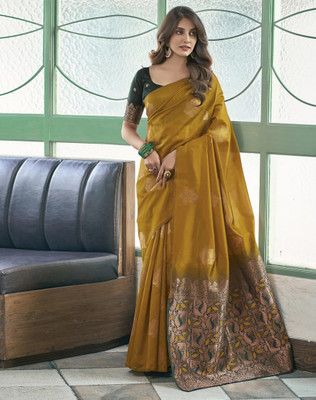 PRIMENIKS Woven, Embellished, Self Design Banarasi Silk Blend, Jacquard Saree(Yellow)