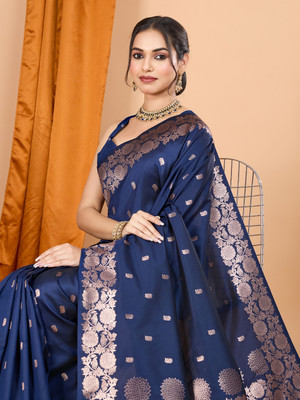 SUDIPTA Woven Banarasi Pure Silk Saree(Dark Blue)