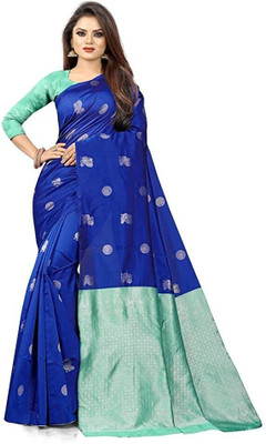 SHRIMAY Woven Kanjivaram Silk Blend Saree(Green, Blue)