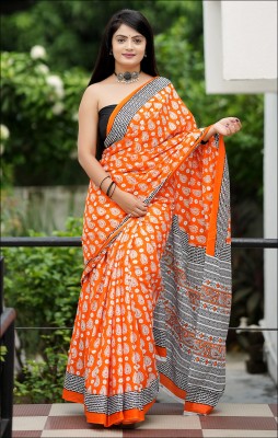 MULL SUTRA Printed Handloom Pure Cotton Saree(Orange)