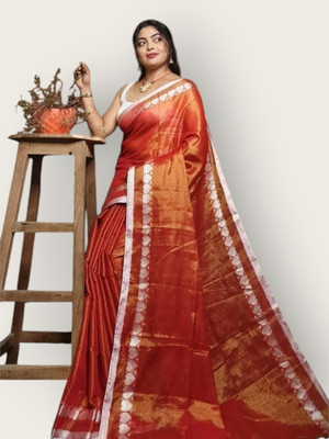 online saree hut Solid/Plain Kanjivaram Pure Silk Saree(Orange)