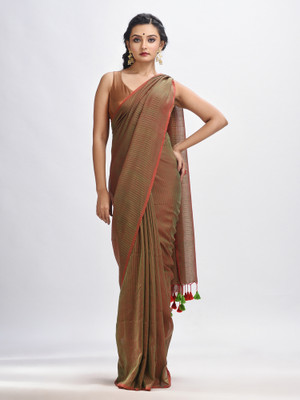 angoshobha Solid/Plain Handloom Cotton Blend Saree(Brown)