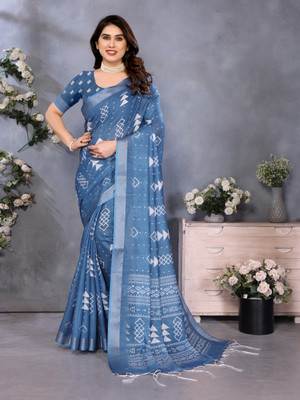 Millstar Digital Print Bollywood Cotton Linen, Art Silk Saree(Dark Blue)