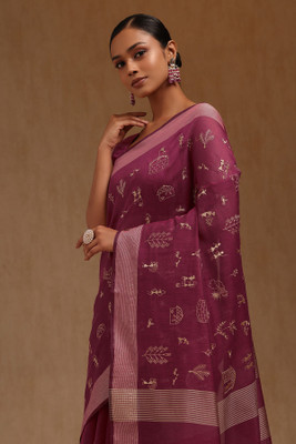 soch Printed Saree with Attached Blouse Chanderi Saree(Red)