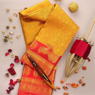 PRANJAL ART Solid/Plain Bollywood Jacquard, Art Silk Saree(Yellow, Red)
