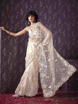 Tikhi Imli Embroidered Bollywood Net Saree(White)