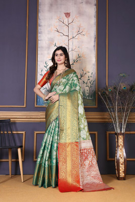 jayant creation Self Design Kanjivaram Jacquard, Silk Blend Saree(Green)