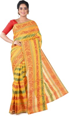 Avik Creations Self Design, Embroidered, Embellished, Woven Tant Handloom Cotton Blend, Pure Cotton Saree(Red, Yellow)