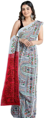 Maa kali saree center Self Design Tant Pure Cotton Saree(White, Red)