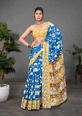 JASU CREATION Animal Print, Printed Kalamkari Pure Cotton Saree(Blue, Mustard)
