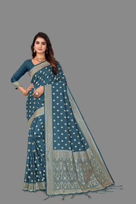 SAREEZUDIO Woven Banarasi Cotton Blend Saree(Blue)