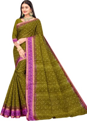 karishma sarees Geometric Print Handloom Pure Cotton Saree(Dark Green)