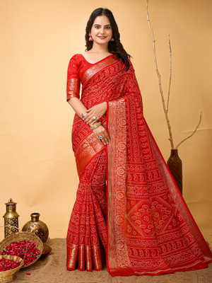 Divastri Printed Bandhani Silk Blend Saree(Red)