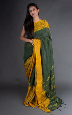 GaurabHandloom Self Design Handloom Cotton Blend Saree(Dark Green)
