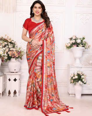 YASHIKA Printed Bandhani Georgette, Lace Saree(Red)
