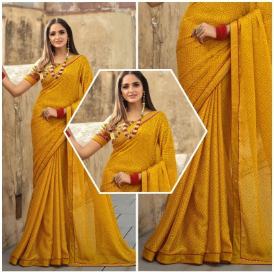 Puretouch Geometric Print Bollywood Georgette, Chiffon Saree(Yellow)