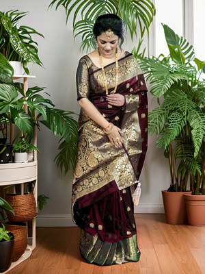 HouseOfCommon Printed, Woven Kovai Jacquard, Pure Silk Saree(Maroon)