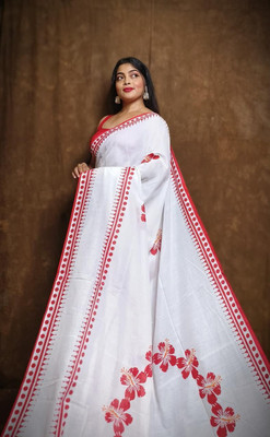 WeaveAura Floral Print Handloom Cotton Blend Saree(White)