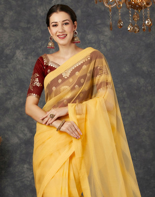 Samah Dyed, Woven Bollywood Net Saree(Yellow)