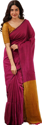 ButiQ Solid/Plain Handloom Cotton Blend Saree(Pink)