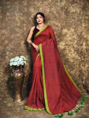 SRINJAN FASHION Solid/Plain Daily Wear Handloom Cotton Linen Saree(Maroon)