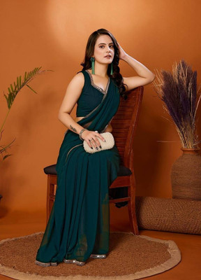 SHIVGANN Solid/Plain Bollywood Chiffon Saree(Dark Blue)