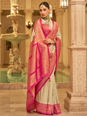 ANOUK Woven Kanjivaram Silk Blend Saree(Cream, Pink)