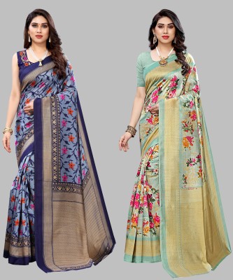 yashika Printed, Paisley, Floral Print Mysore Art Silk Saree(Pack of 2, Blue, Light Green)