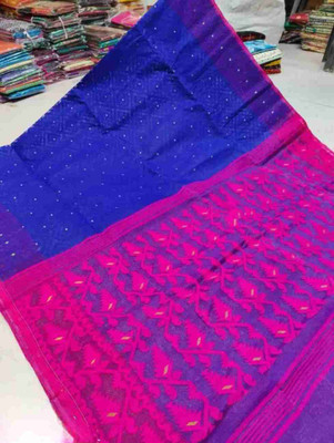 KISHORI PUNJABI MAHAL Self Design Jamdani Cotton Blend Saree(Green, Pink)