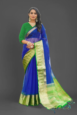 Aarunika SST Woven Bollywood Organza Saree(Blue, Green)