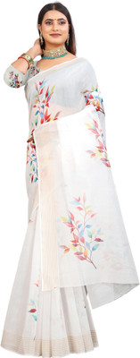 HouseOfCommon Printed Kanjivaram Pure Cotton, Chanderi Saree(White)