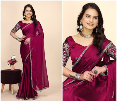 niesha fashion Embroidered, Solid/Plain Bollywood Georgette Saree(Pink)