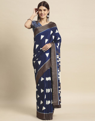 SIRIL Geometric Print, Striped, Printed, Digital Print Kanjivaram Silk Blend Saree(Blue, White)