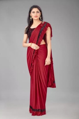 aaru creation Solid/Plain Bollywood Lycra Blend Saree(Red)