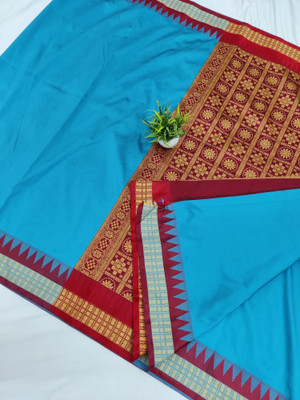 Sijileen Temple Border, Solid/Plain Sambalpuri Art Silk Saree(Light Blue)