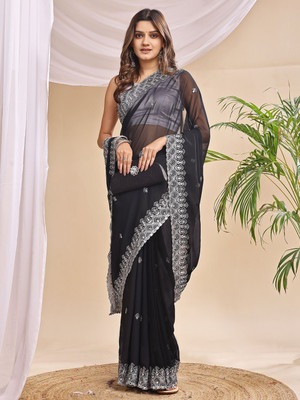 SIZU Embroidered, Solid/Plain Bollywood Georgette Saree(Black)