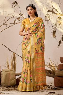 Neel Fashion Printed Bollywood Linen, Cotton Blend Saree(Yellow)