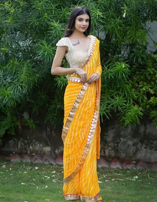 pk hub Striped Leheria Chiffon Saree(Yellow)