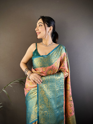 SHARDHA FASHION Woven, Self Design Banarasi Pure Silk, Tissue Saree(Black, Yellow, Multicolor)