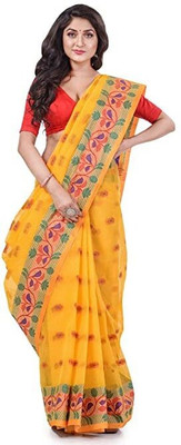 Desh Bidesh Woven, Solid/Plain, Self Design Handloom Handloom Cotton Blend, Pure Cotton Saree(Yellow)