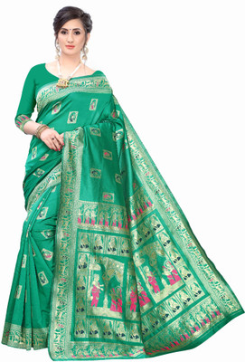 Endues Woven Baluchari Silk Blend Saree(Green)