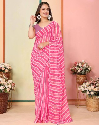 Samah Printed, Embellished Leheria Chiffon, Georgette Saree(Pink, White)