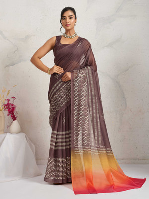 Rachna Printed Bollywood Cotton Blend Saree(Brown)