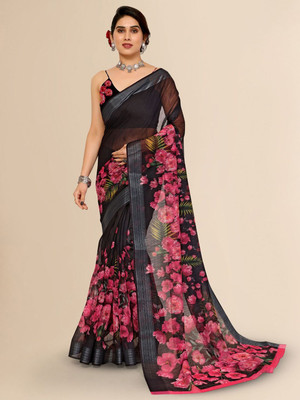 Moda Rapido Printed Bollywood Cotton Blend Saree(Black)