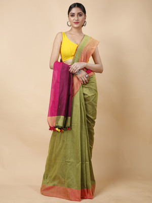 DipDiya Color Block Handloom Pure Cotton Saree(Light Green)