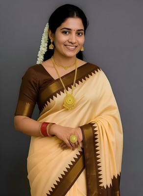 Sijileen Solid/Plain, Woven, Temple Border Sambalpuri Silk Blend Saree(Brown)